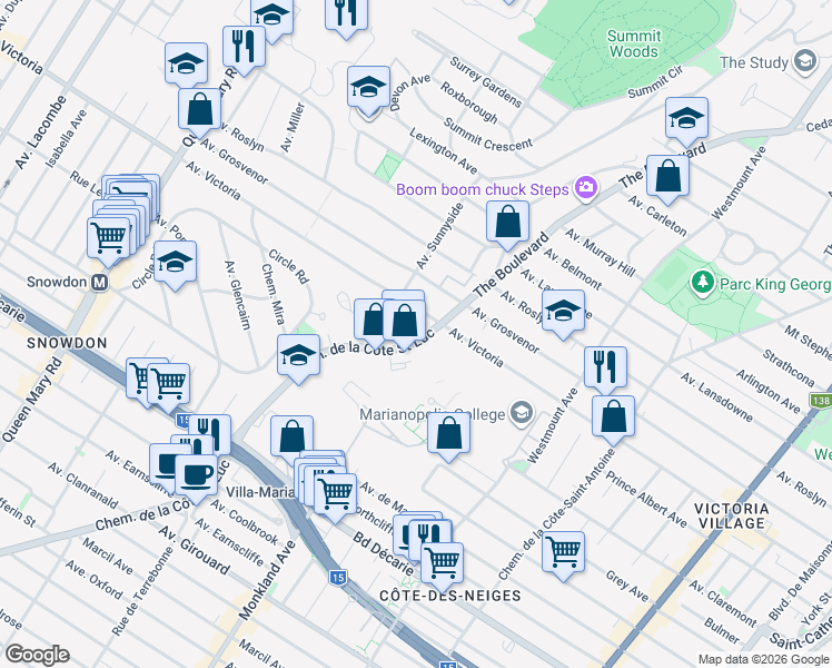 map of restaurants, bars, coffee shops, grocery stores, and more near 4845 Chemin de la Côte Saint Luc in Montréal