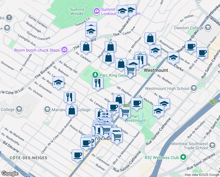 map of restaurants, bars, coffee shops, grocery stores, and more near 208 Chemin de la Côte-Saint-Antoine in Westmount
