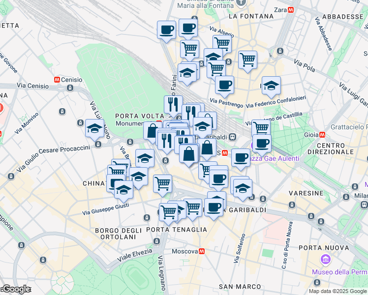 map of restaurants, bars, coffee shops, grocery stores, and more near 17 Via Maurizio Quadrio in Milano
