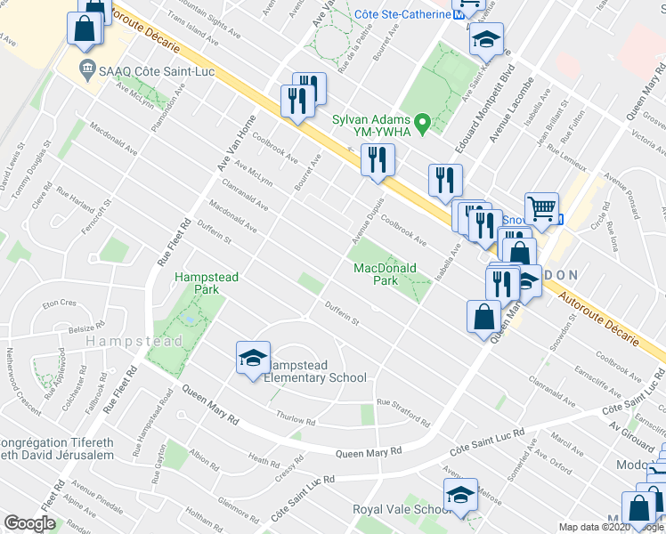map of restaurants, bars, coffee shops, grocery stores, and more near 5533 Avenue Dupuis in Montréal