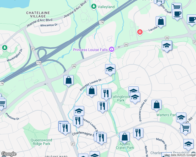 map of restaurants, bars, coffee shops, grocery stores, and more near 546 Brookridge Crescent in Ottawa