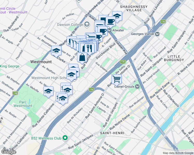 map of restaurants, bars, coffee shops, grocery stores, and more near 35 Avenue Bruce in Westmount