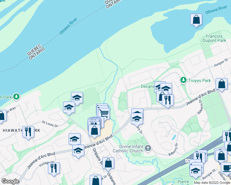 map of restaurants, bars, coffee shops, grocery stores, and more near 6434 Bilberry Drive in Ottawa
