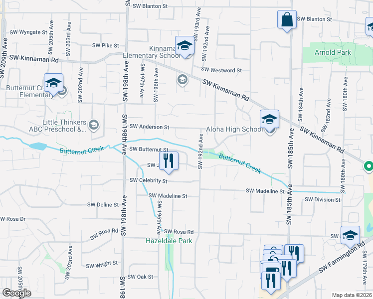 map of restaurants, bars, coffee shops, grocery stores, and more near 19365 Southwest Butternut Street in Beaverton