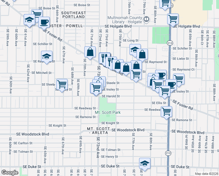 map of restaurants, bars, coffee shops, grocery stores, and more near 7317 Southeast Steele Street in Portland