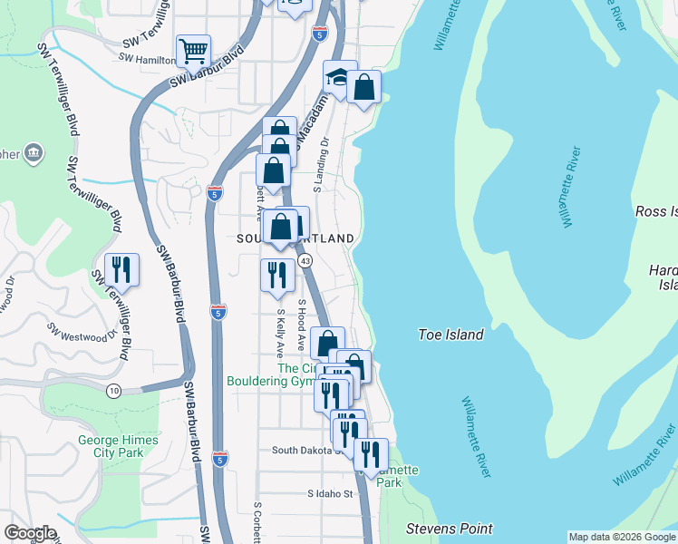 map of restaurants, bars, coffee shops, grocery stores, and more near 5310 South Macadam Avenue in Portland