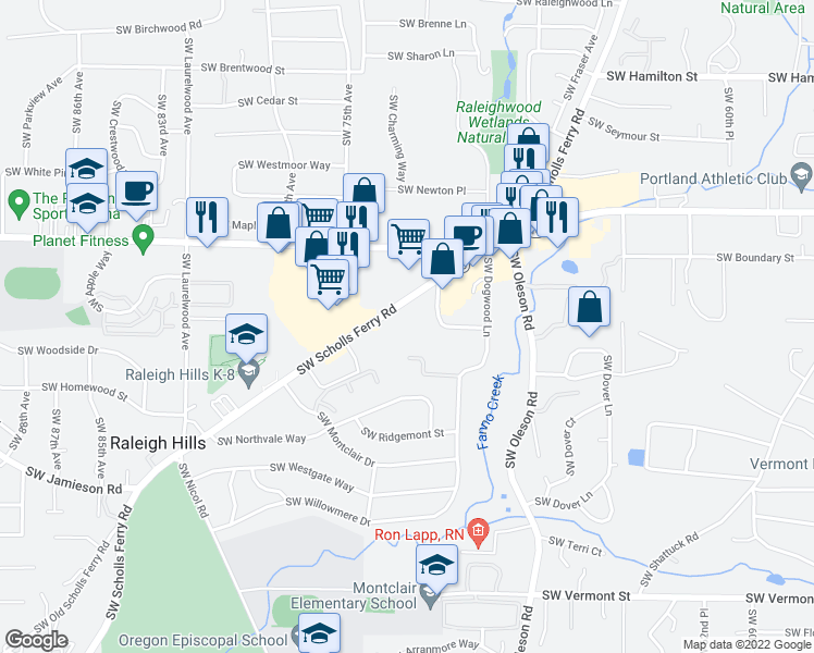 map of restaurants, bars, coffee shops, grocery stores, and more near 4905 Oregon 210 in Portland