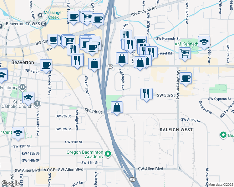 map of restaurants, bars, coffee shops, grocery stores, and more near 4837 Southwest Larch Drive in Beaverton