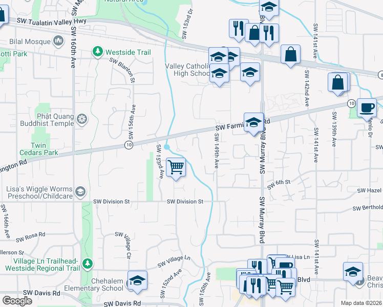 map of restaurants, bars, coffee shops, grocery stores, and more near 15000 Southwest Farmington Road in Beaverton