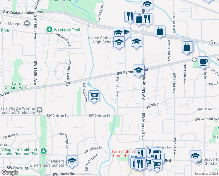 map of restaurants, bars, coffee shops, grocery stores, and more near 4875 Southwest 149th Avenue in Beaverton