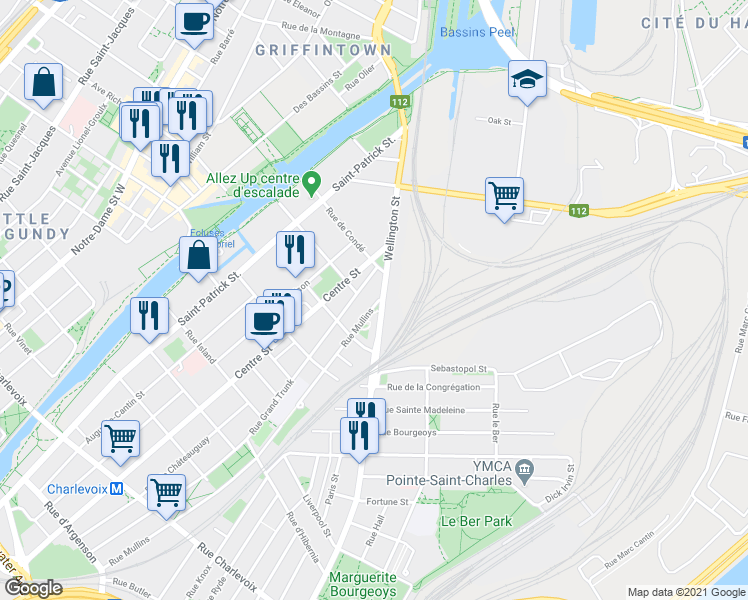 map of restaurants, bars, coffee shops, grocery stores, and more near 1615 Rue Mullins in Montréal