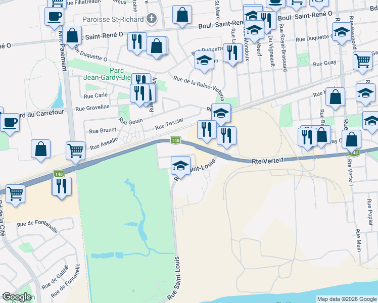 map of restaurants, bars, coffee shops, grocery stores, and more near 394 Boulevard Maloney Ouest in Gatineau