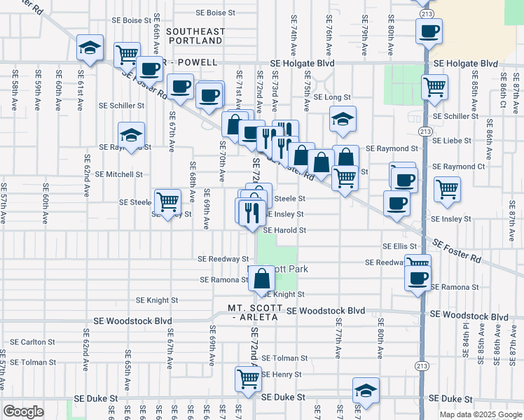 map of restaurants, bars, coffee shops, grocery stores, and more near 5330 Southeast 72nd Avenue in Portland