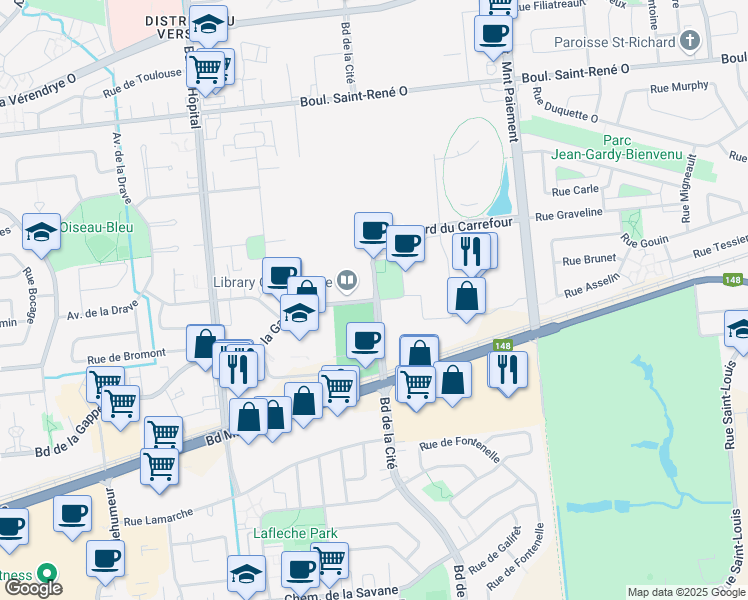 map of restaurants, bars, coffee shops, grocery stores, and more near 855 Boulevard de la Gappe in Gatineau