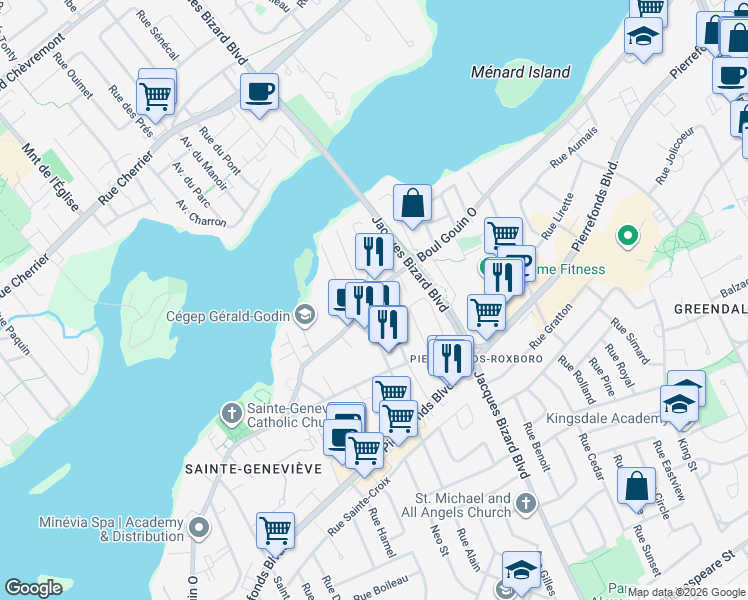 map of restaurants, bars, coffee shops, grocery stores, and more near 15510 Boulevard Gouin Ouest in Montréal