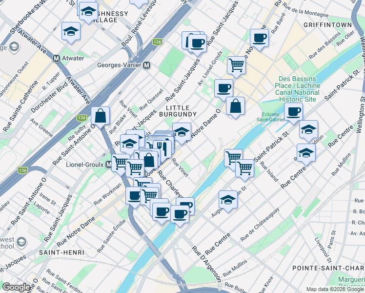map of restaurants, bars, coffee shops, grocery stores, and more near 2330 Rue Notre-Dame Ouest in Montréal