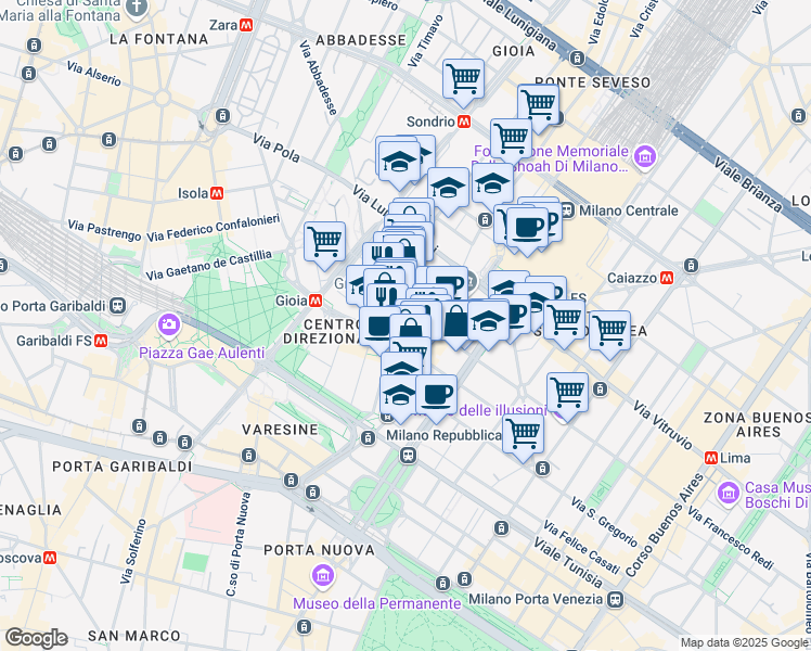 map of restaurants, bars, coffee shops, grocery stores, and more near 20 Via Giovanni Battista Pirelli in Milano