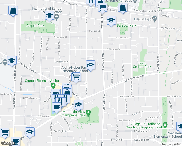 map of restaurants, bars, coffee shops, grocery stores, and more near 5000 Southwest 173rd Avenue in Beaverton