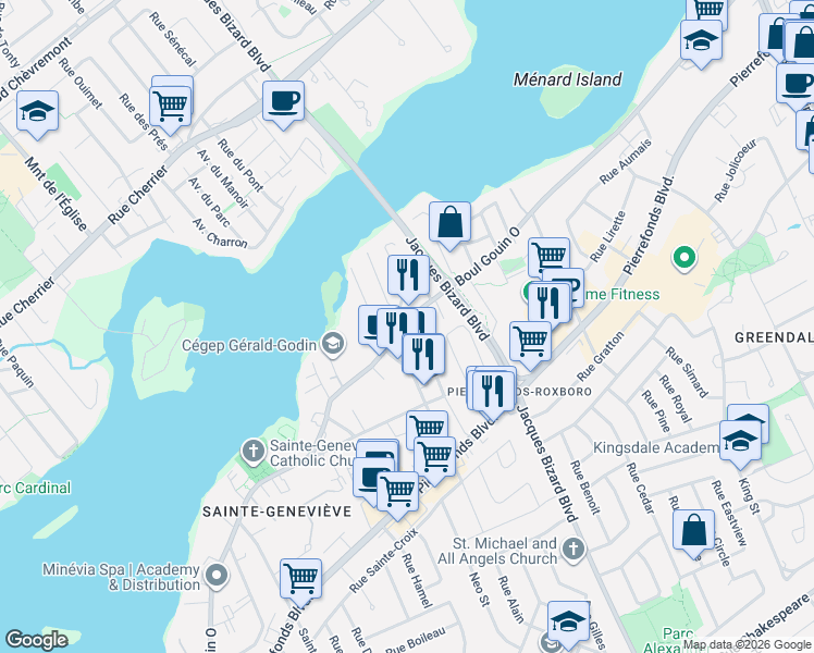 map of restaurants, bars, coffee shops, grocery stores, and more near 15510 Boulevard Gouin Ouest in Montréal