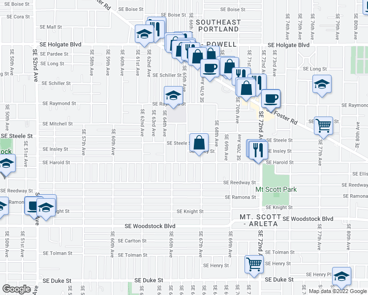 map of restaurants, bars, coffee shops, grocery stores, and more near 6507 Southeast Steele Street in Portland