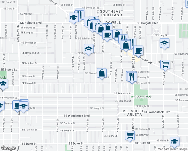 map of restaurants, bars, coffee shops, grocery stores, and more near 5321 Southeast 66th Avenue in Portland