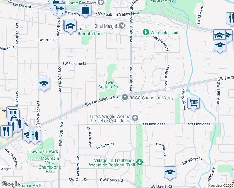 map of restaurants, bars, coffee shops, grocery stores, and more near 16235 Southwest Farmington Road in Beaverton