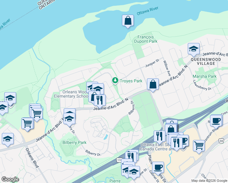 map of restaurants, bars, coffee shops, grocery stores, and more near 1085 Château Crescent in Ottawa