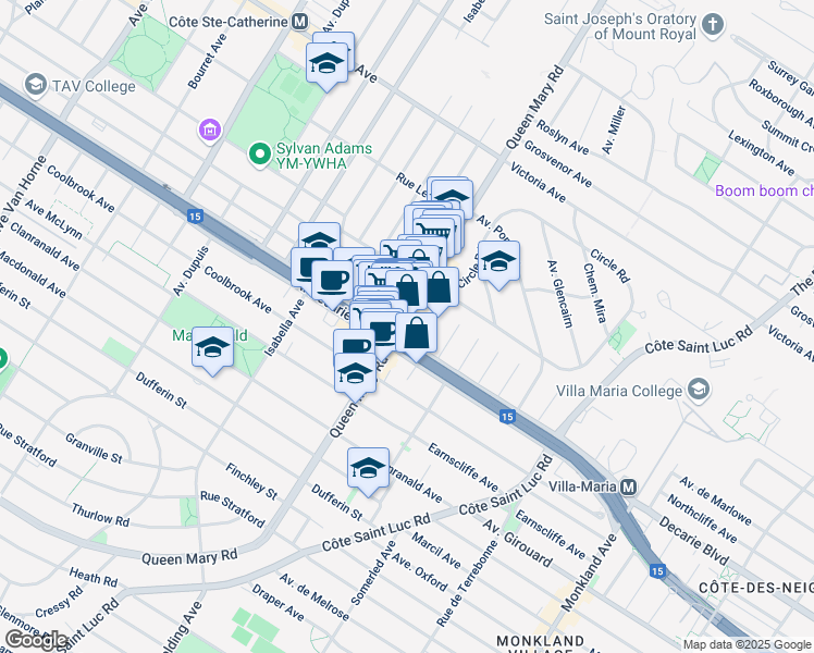 map of restaurants, bars, coffee shops, grocery stores, and more near 5262 Chemin Queen Mary in Montréal
