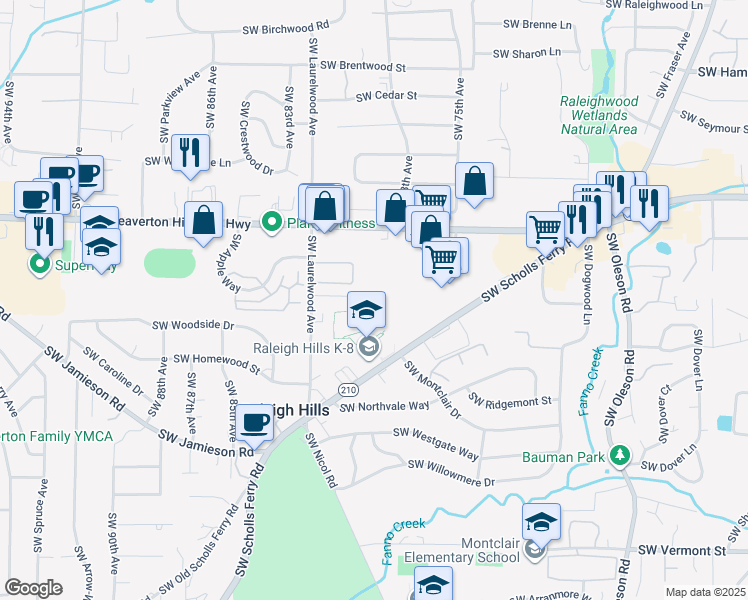 map of restaurants, bars, coffee shops, grocery stores, and more near 4875 Southwest 78th Avenue in Portland