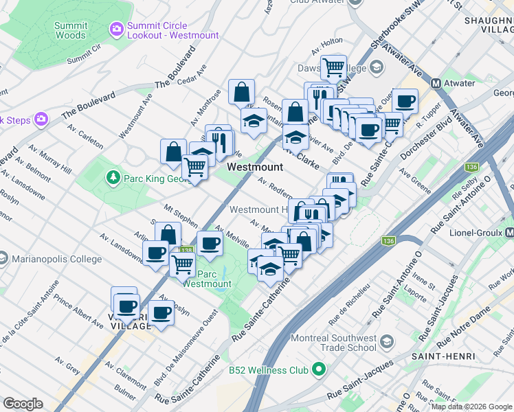 map of restaurants, bars, coffee shops, grocery stores, and more near 350 Avenue Kensington in Westmount