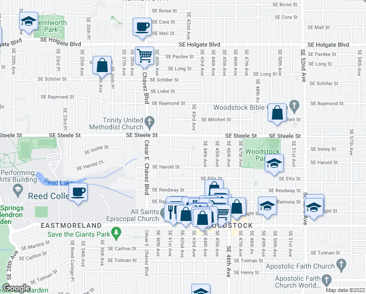 map of restaurants, bars, coffee shops, grocery stores, and more near 4135 SE Insley St in Portland