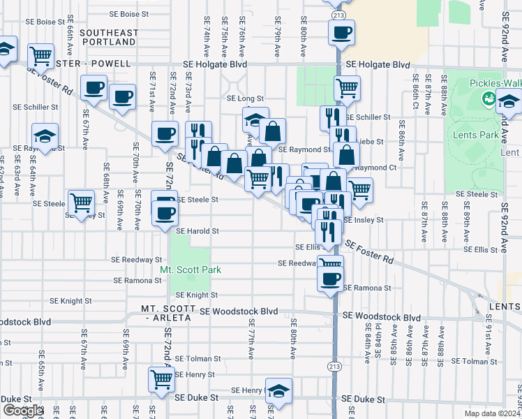 map of restaurants, bars, coffee shops, grocery stores, and more near 7855 Southeast Foster Road in Portland