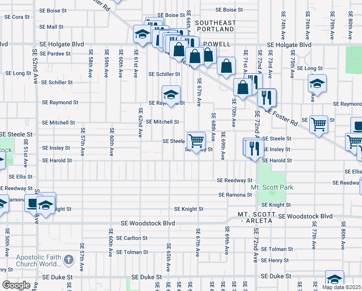 map of restaurants, bars, coffee shops, grocery stores, and more near 6507 Southeast Steele Street in Portland