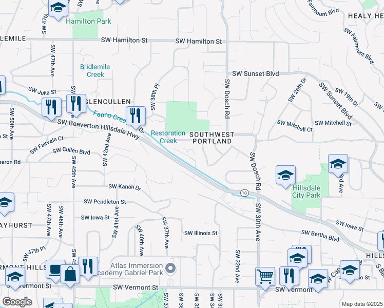 map of restaurants, bars, coffee shops, grocery stores, and more near 3518 Southwest Boundary Street in Portland