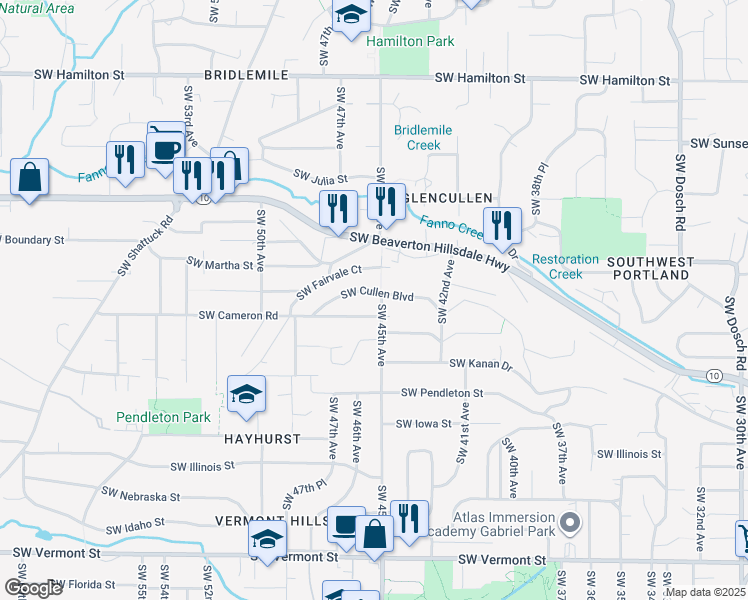 map of restaurants, bars, coffee shops, grocery stores, and more near 4535 Southwest Cullen Boulevard in Portland