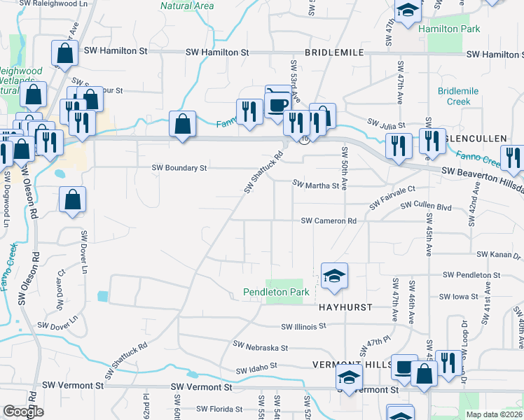 map of restaurants, bars, coffee shops, grocery stores, and more near 5431 Southwest 54th Avenue in Portland