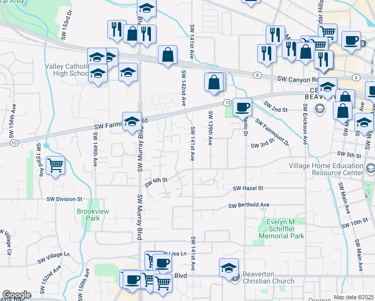 map of restaurants, bars, coffee shops, grocery stores, and more near 4890 Southwest 141st Avenue in Beaverton