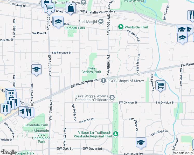 map of restaurants, bars, coffee shops, grocery stores, and more near 16235 Southwest Farmington Road in Beaverton