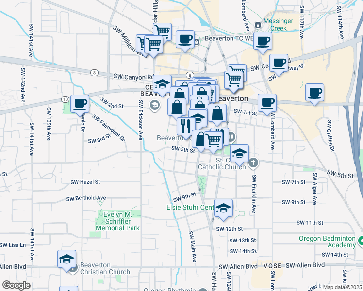map of restaurants, bars, coffee shops, grocery stores, and more near 4875 Southwest Angel Avenue in Beaverton