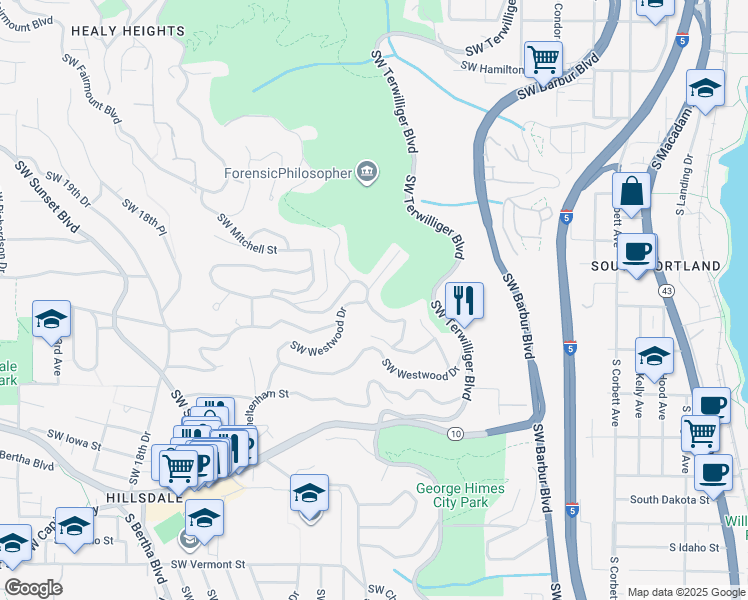 map of restaurants, bars, coffee shops, grocery stores, and more near 5500 Southwest Menefee Drive in Portland