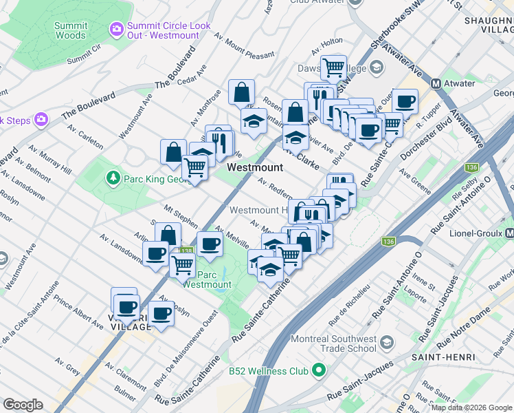 map of restaurants, bars, coffee shops, grocery stores, and more near 350 Avenue Kensington in Westmount