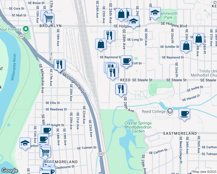 map of restaurants, bars, coffee shops, grocery stores, and more near 1313 Southeast Spokane Street in Portland