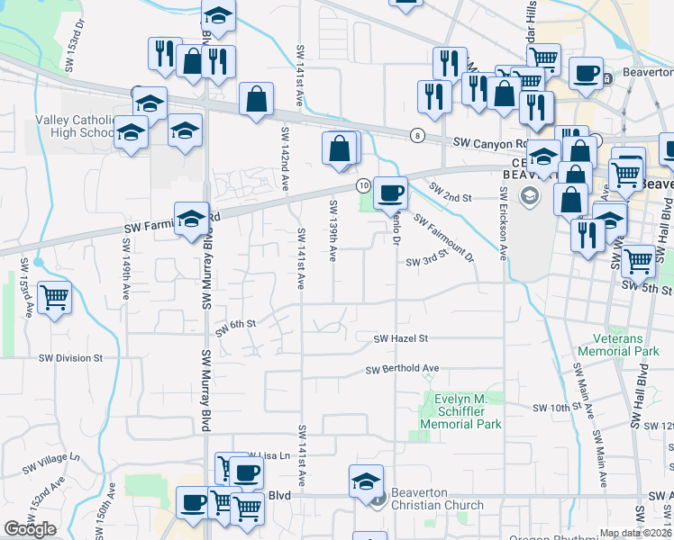 map of restaurants, bars, coffee shops, grocery stores, and more near 4950 Southwest 139th Avenue in Beaverton