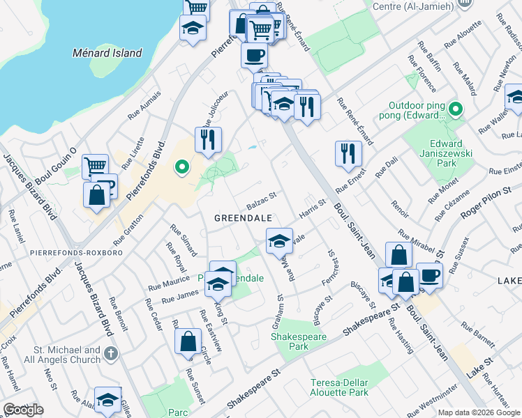 map of restaurants, bars, coffee shops, grocery stores, and more near 14384 Rue Balzac in Montréal