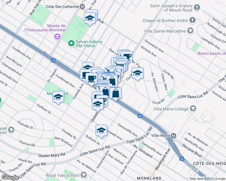 map of restaurants, bars, coffee shops, grocery stores, and more near 5248 Chemin Queen Mary in Montréal