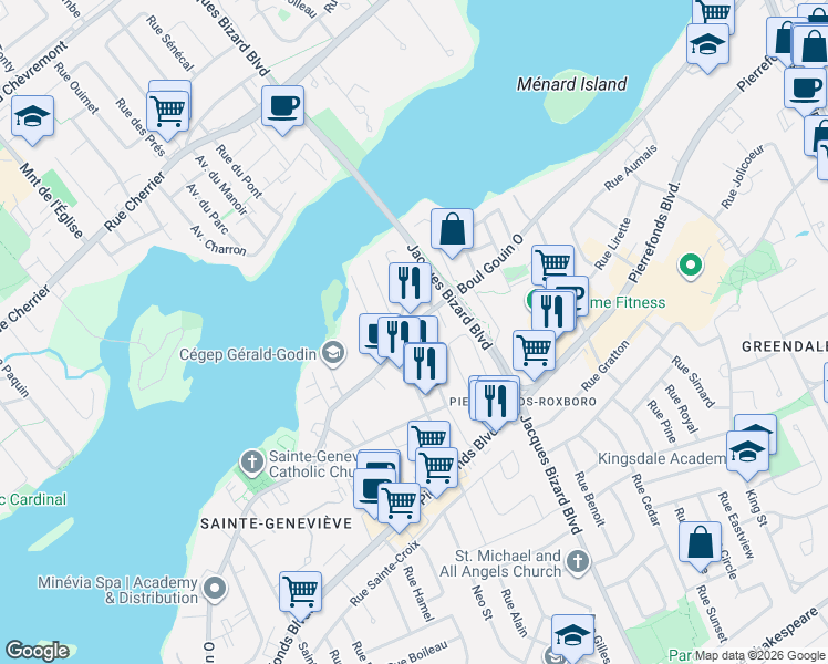map of restaurants, bars, coffee shops, grocery stores, and more near 15486 Boulevard Gouin Ouest in Montréal