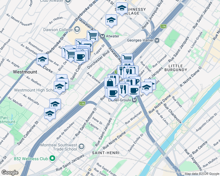 map of restaurants, bars, coffee shops, grocery stores, and more near 3255 Rue Saint-Antoine Ouest in Westmount