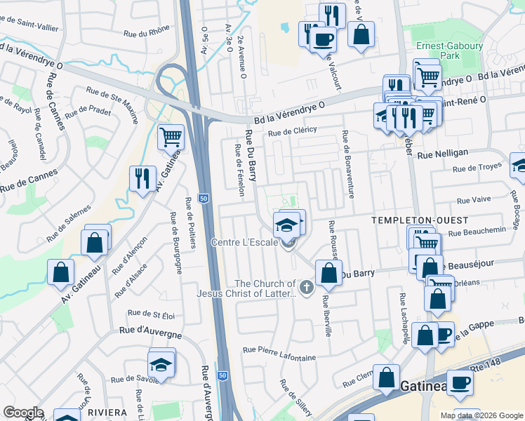 map of restaurants, bars, coffee shops, grocery stores, and more near 112 Rue Du Barry in Gatineau