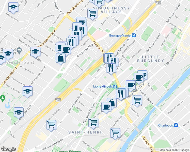 map of restaurants, bars, coffee shops, grocery stores, and more near 3247 Rue Saint-Antoine Ouest in Westmount