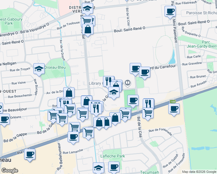 map of restaurants, bars, coffee shops, grocery stores, and more near 99 Rue de Rouville in Gatineau